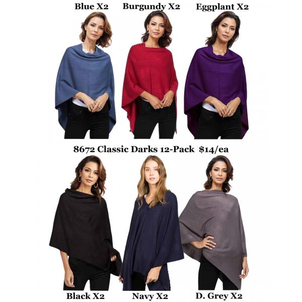 wholesale 8672 - Cashmere Feel Ponchos  Classic Darks 12 Pack   - One Size Fits Most