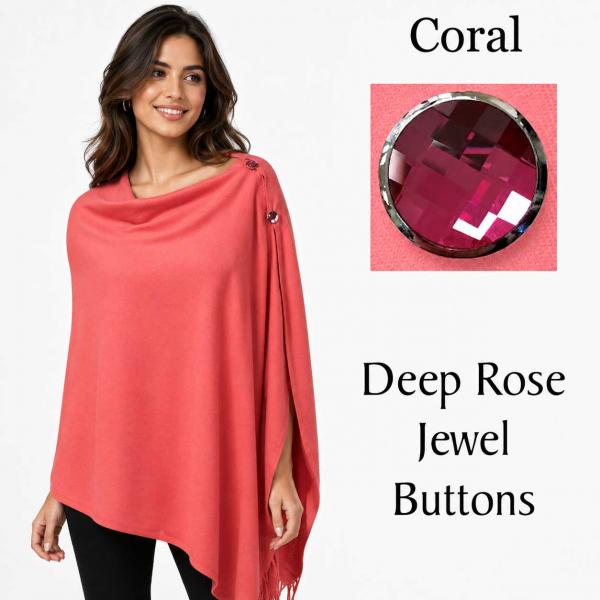 wholesale 534/T - Cashmere Feel Shawls w/Jeweled Buttons #31<br> Coral with Deep Rose Jewel Buttons  - 29