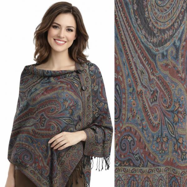 wholesale 3109 - Pashmina Print Button Shawls  Paisley w/ Border - Rust-Teal-Sage #28 (MB) - 
