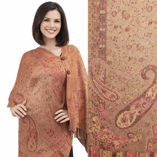 wholesale 3109 - Pashmina Print Button Shawls  PWB41 - Paisley w/ Border - Tan-Raspberry (MB) - 