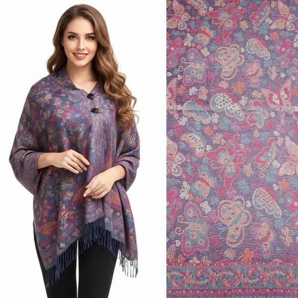 wholesale 3109 - Pashmina Print Button Shawls  Butterflies - Navy #43  - 