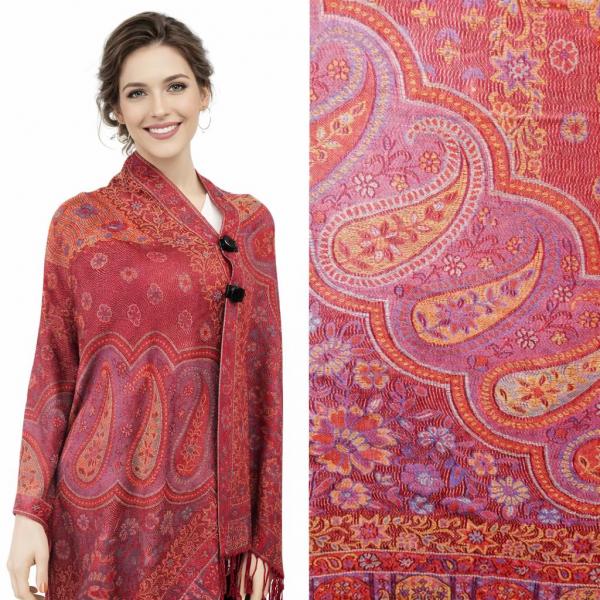 wholesale 3109 - Pashmina Print Button Shawls  Paisley Flowers - Burgundy #52 (MB) - 