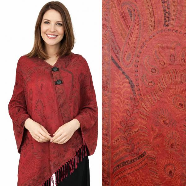 wholesale 3109 - Pashmina Print Button Shawls  Feathers - Red #60  - 