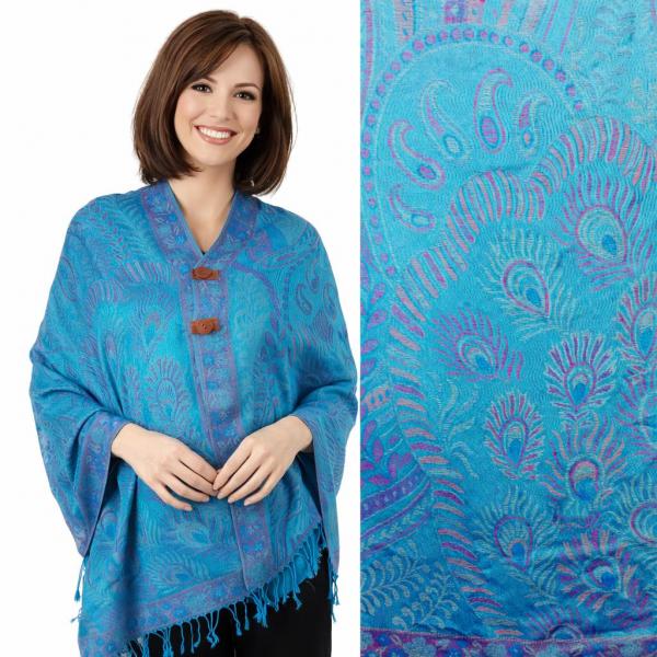 wholesale 3109 - Pashmina Print Button Shawls  Feathers - Turquoise #62 MB - 