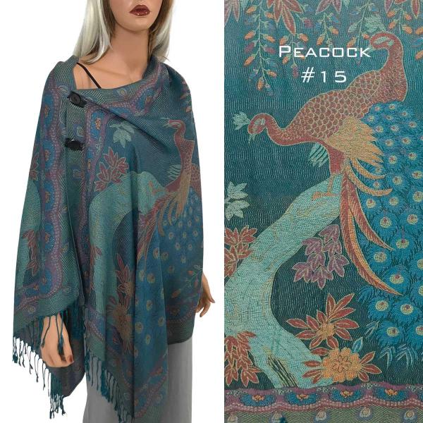 wholesale 3109 - Pashmina Style Button Shawls PEA15 - Peacock  - 