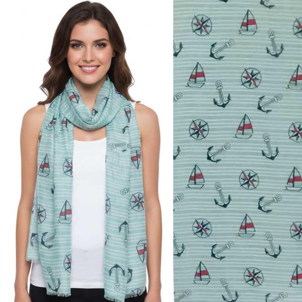 wholesale 3111 - Nautical Print Scarves Oblong and Infinity 5062 - Aqua Multi<br> Nautical Print Scarf/Shawl - 