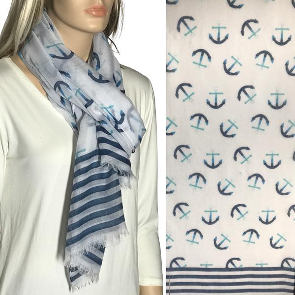 wholesale 3111 - Nautical Print Scarves Oblong and Infinity 5078 - White/Navy<br>
Anchor and Stripe Print Scarf/Shawl - 