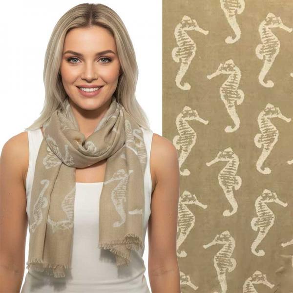 wholesale 3111 - Nautical Print Scarves Oblong and Infinity 076 Beige <br> Seahorse Print Scarf/Shawl - 
