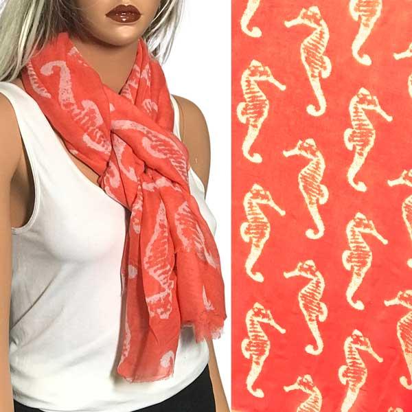 3111 - Nautical Print Scarves Oblong and Infinity 076 Coral <br> Seahorse Print Scarf/Shawl - 