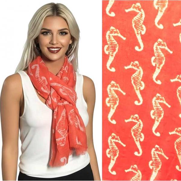 wholesale 3111 - Nautical Print Scarves Oblong and Infinity 076 Coral <br> Seahorse Print Scarf/Shawl - 