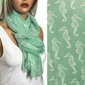 3111 - Nautical Print Scarves Oblong and Infinity 076 - Mint<br> Seahorse Print Scarf/Shawl - 