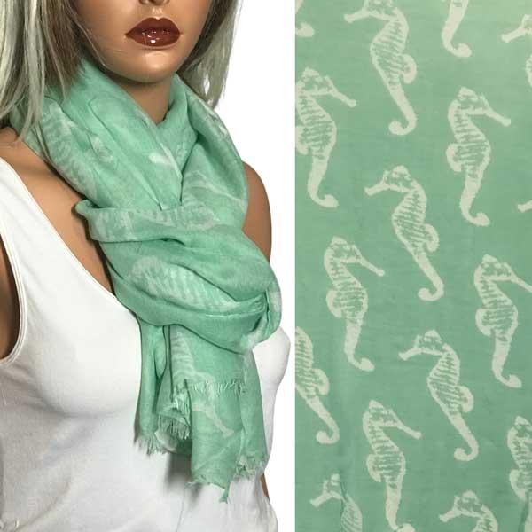 Wholesale 3111 - Nautical Print Scarves Oblong and Infinity 076 - Mint<br> Seahorse Print Scarf/Shawl - 