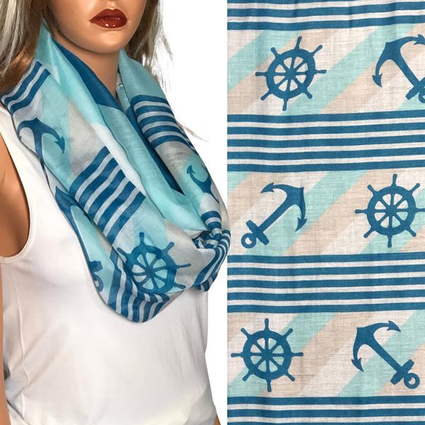 3111 - Nautical Print Scarves Oblong and Infinity 8303 - Teal <br>
Anchor and Ship Wheel Infinity - 