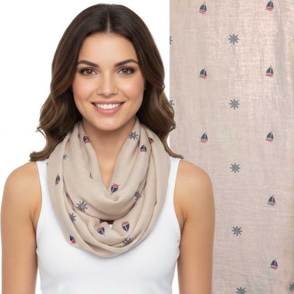 wholesale 3111 - Nautical Print Scarves Oblong and Infinity 8547 - Beige <br>
Mini Sailboat and Ship Infinity - 