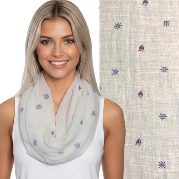 wholesale 3111 - Nautical Print Scarves Oblong and Infinity 8547 - White <br>
Mini Sailboat and Ship Infinity - 