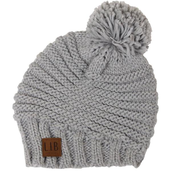 wholesale 3114 - Winter Knit Hats 9180 Stripe Knit with Pom Pom - Grey - One Size Fits Most