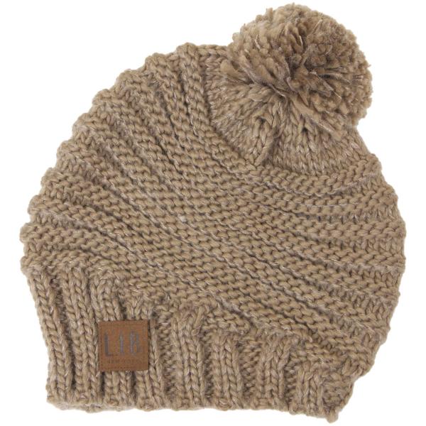 wholesale 3114 - Winter Knit Hats 9180 Stripe Knit with Pom Pom - Taupe - One Size Fits Most