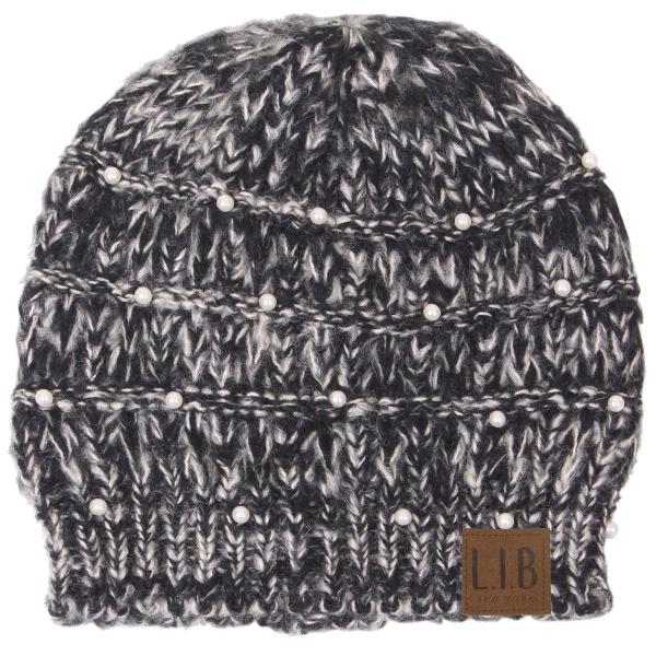 Wholesale 3114 - Winter Knit Hats 9178 Knit Beanie Pearl Deco - Black (MB) - One Size Fits Most