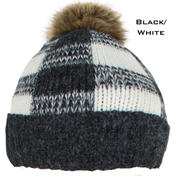 wholesale 3114 - Winter Knit Hats 8712 BLACK WHITE /FUR POM POM Knit Winter Hat - 