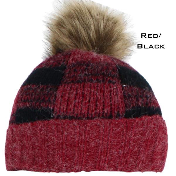 wholesale 3114 - Winter Knit Hats 8712 RED/BLACK/FUR POM POM Knit Winter Hat - 