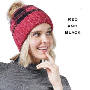 3114 - Winter Knit Hats 8712 RED/BLACK/FUR POM POM Knit Winter Hat - 