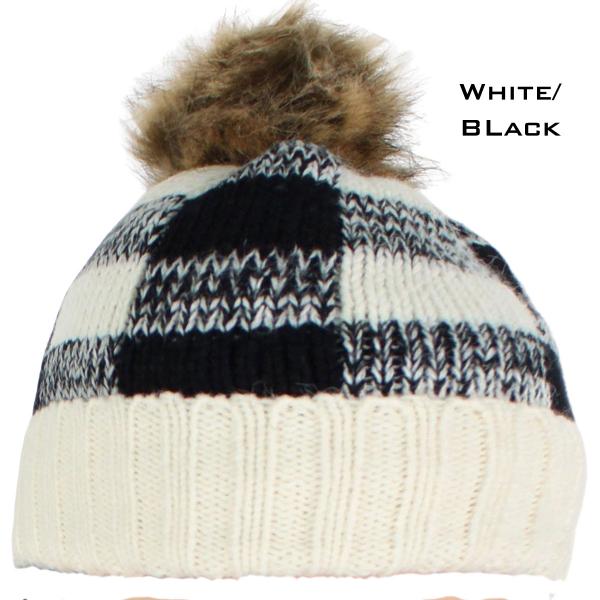 wholesale 3114 - Winter Knit Hats 8712 WHITE/BLACK/FUR POM POM Knit Winter Hat - 
