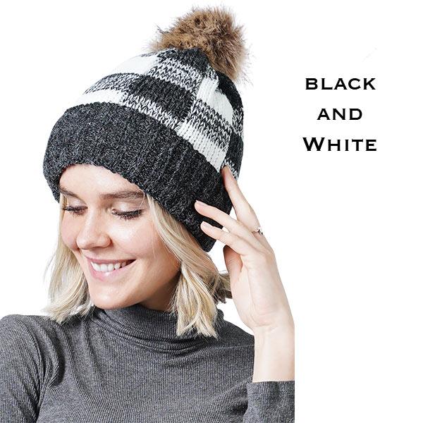 wholesale 3114 - Winter Knit Hats 8712 WHITE/BLACK/FUR POM POM Knit Winter Hat - One Size Fits Most