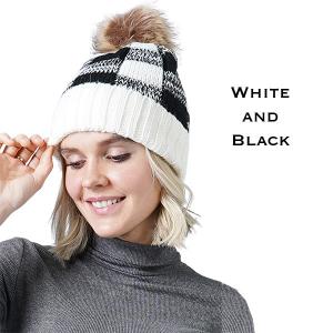 3114 - Winter Knit Hats 8712 WHITE/BLACK/FUR POM POM Knit Winter Hat - One Size Fits Most