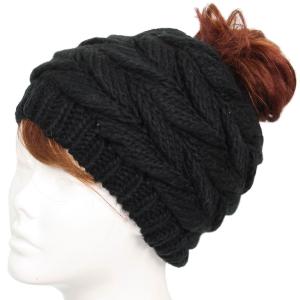 3114 - Winter Knit Hats 9167 Knit Beanie Messy Bun - Black - One Size Fits Most