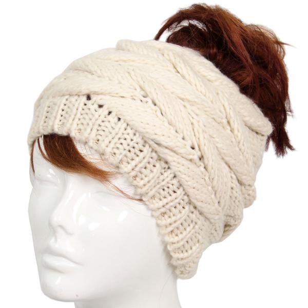 wholesale 3114 - Winter Knit Hats 9167 Knit Beanie Messy Bun - Ivory - 