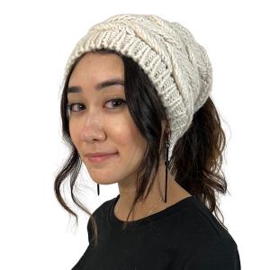 3114 - Winter Knit Hats 9167 Knit Beanie Messy Bun - Ivory - One Size Fits Most