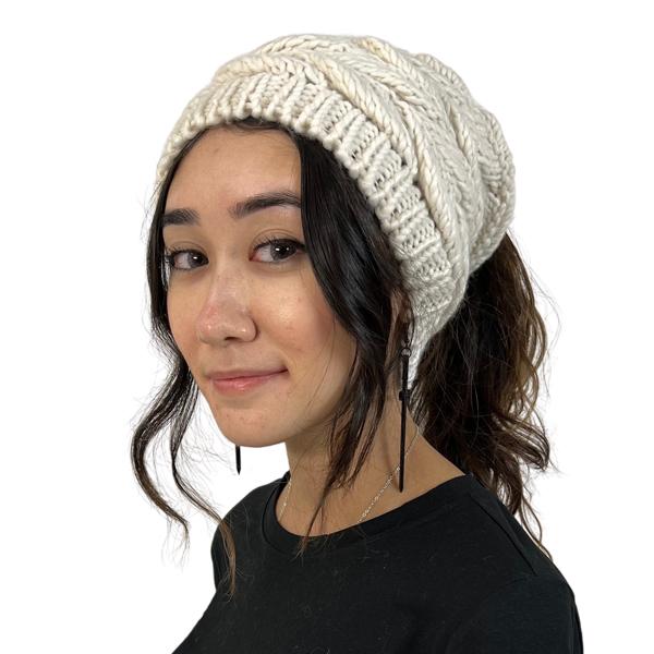 wholesale 3114 - Winter Knit Hats 9167 Knit Beanie Messy Bun - Ivory - One Size Fits Most