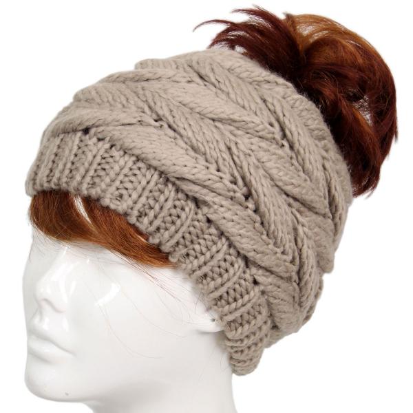 wholesale 3114 - Winter Knit Hats 9167 Knit Beanie Messy Bun - Taupe - 