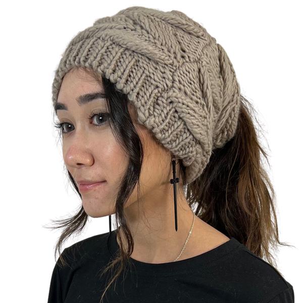 wholesale 3114 - Winter Knit Hats 9167 Knit Beanie Messy Bun - Taupe - One Size Fits Most