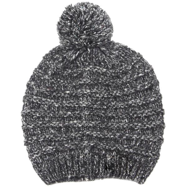 wholesale 3114 - Winter Knit Hats 9515 Knit Beanie Stripe Texture Pom Pom - Black  - 
