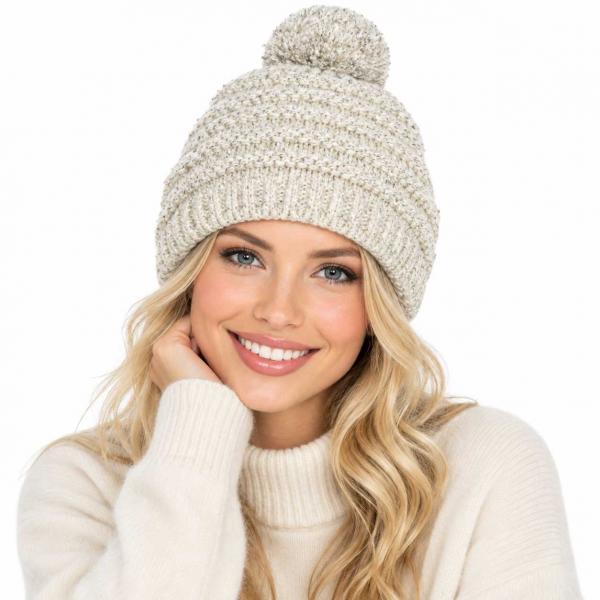 wholesale 3114 - Winter Hats 9515 Knit Beanie Stripe Texture Pom Pom - White  - One Size Fits Most