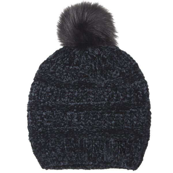 wholesale 3114 - Winter Knit Hats 9517 Knit Beanie Chenille Pom Pom - Black - 
