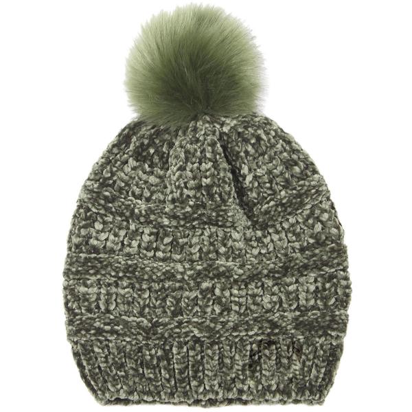 wholesale 3114 - Winter Knit Hats 9517 Knit Beanie Chenille Pom Pom - Olive - One Size Fits Most