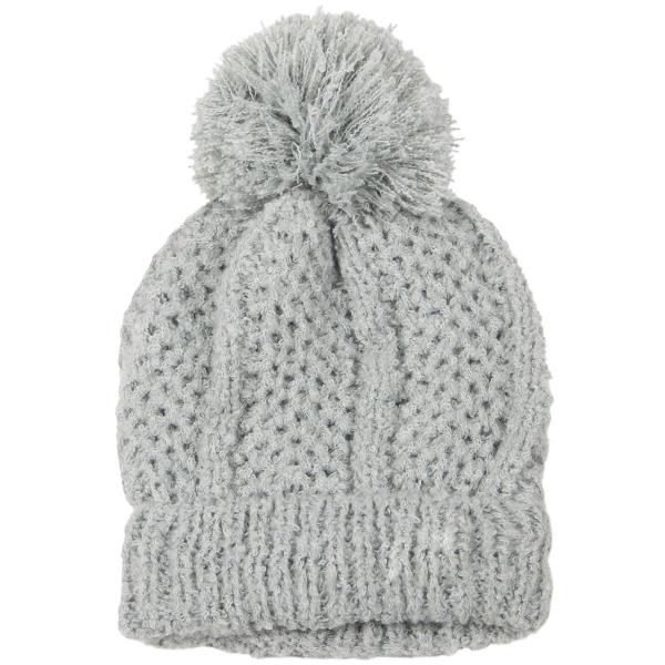 wholesale 3114 - Winter Knit Hats 9518 Knit Beanie Pom Pom - Grey - 