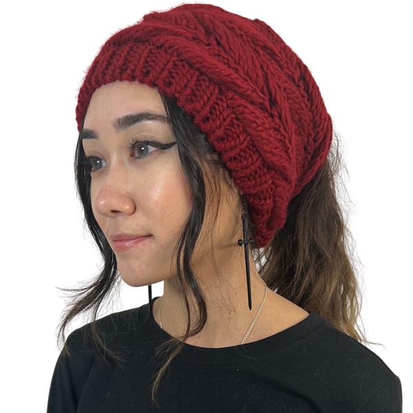 wholesale 3114 - Winter Knit Hats 9167 Knit Beanie Messy Bun - Burgundy - One Size Fits Most