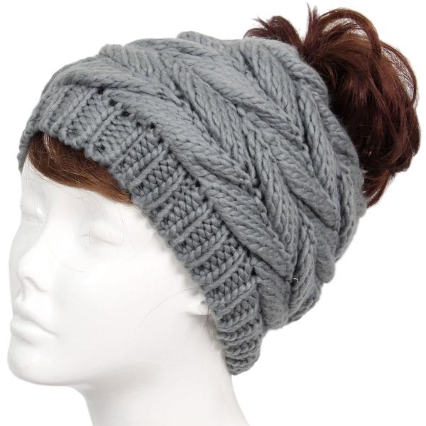 wholesale 3114 - Winter Knit Hats 9167 Knit Beanie Messy Bun - Grey - 