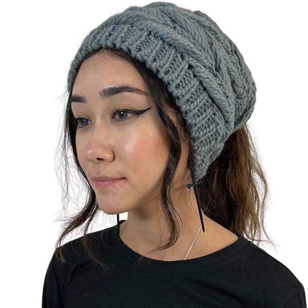 wholesale 3114 - Winter Knit Hats 9167 Knit Beanie Messy Bun - Grey - One Size Fits Most