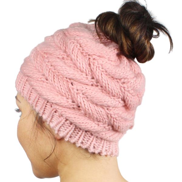 wholesale 3114 - Winter Knit Hats 9167 Knit Beanie Messy Bun - Pink - 