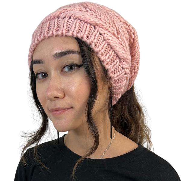 wholesale 3114 - Winter Knit Hats 9167 Knit Beanie Messy Bun - Pink - One Size Fits Most