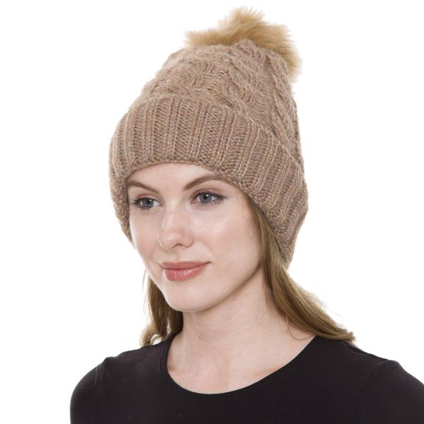 wholesale 3114 - Winter Knit Hats JH248 Taupe/Khaki Pom Pom Cable Knit Sparkle Hat with Sherpa Lining (JH248) - 
