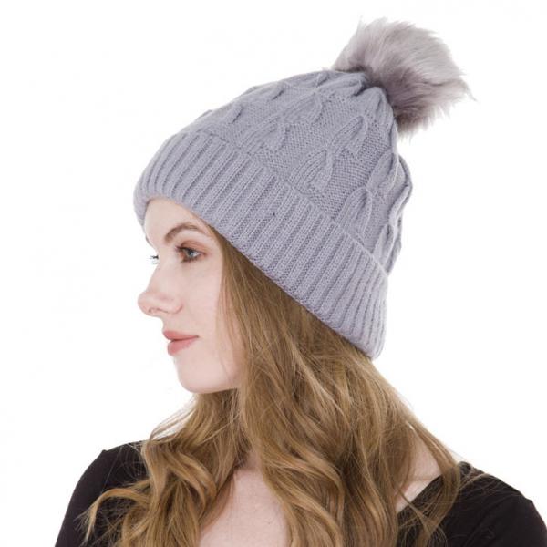 wholesale 3114 - Winter Knit Hats JH226 Light Grey Multi Knit Sherpa Lined Hat with Pom Pom - One Size Fits Most