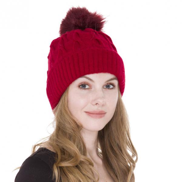 wholesale 3114 - Winter Knit Hats JH226 Wine Multi Knit Sherpa Lined Hat with Pom Pom - One Size Fits Most