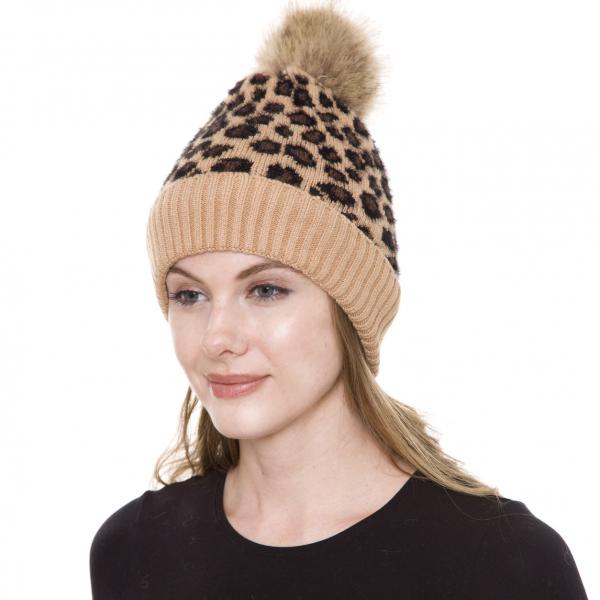 wholesale 3114 - Winter Knit Hats JH259 Pom Pom Leopard Camel Knit Hat with Sherpa Lining - One Size Fits Most