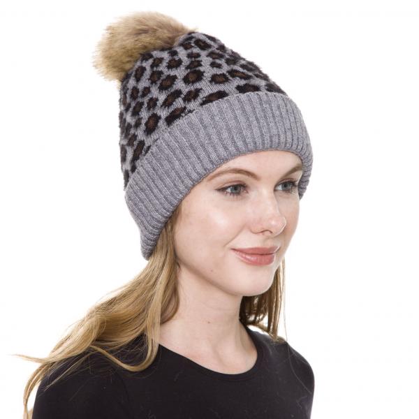 wholesale 3114 - Winter Knit Hats JH259 Pom Pom Leopard Grey Knit Hat with Sherpa Lining - One Size Fits Most