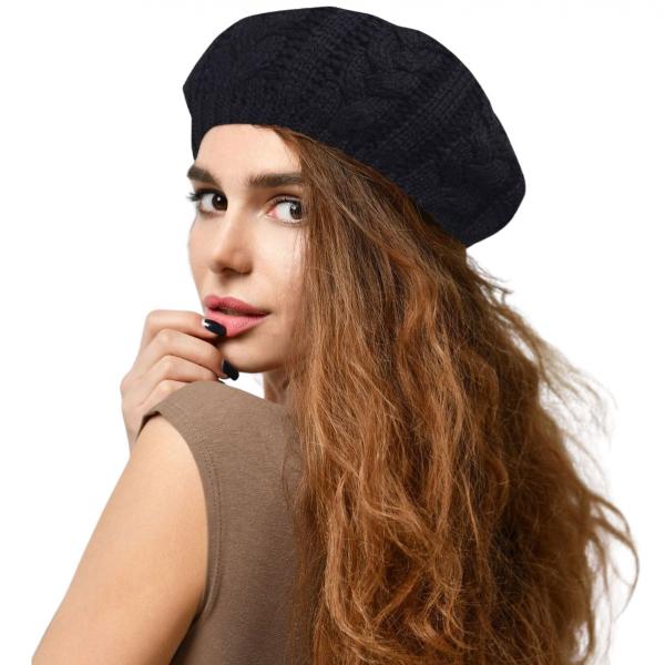 wholesale 3114 - Winter Knit Hats JH710 Black Cable Knit Beret with Double Layer Lining - One Size Fits Most
